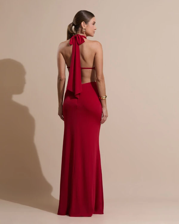 Vestido de Festa Longo Malha Jersey Gola Alta Saia Sereia Vermelho Escuro