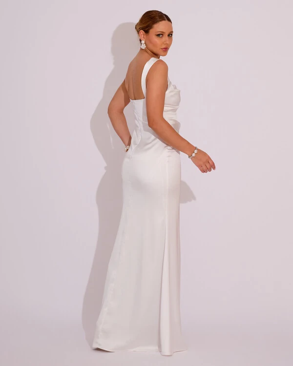 Vestido Longo de Festa Cetim Alfaiataria Drapeado Sereia Branco