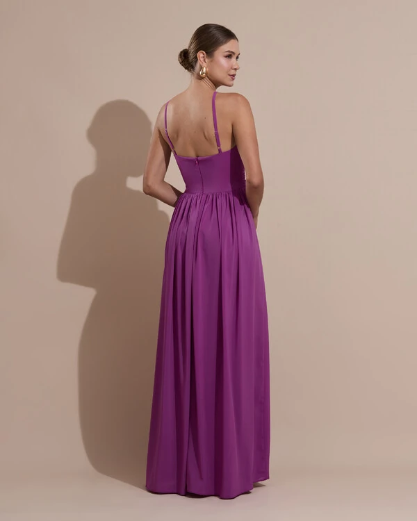 Vestido de Festa Longo Crepe Chiffon Drapeado com Alças Finas Fúcsia