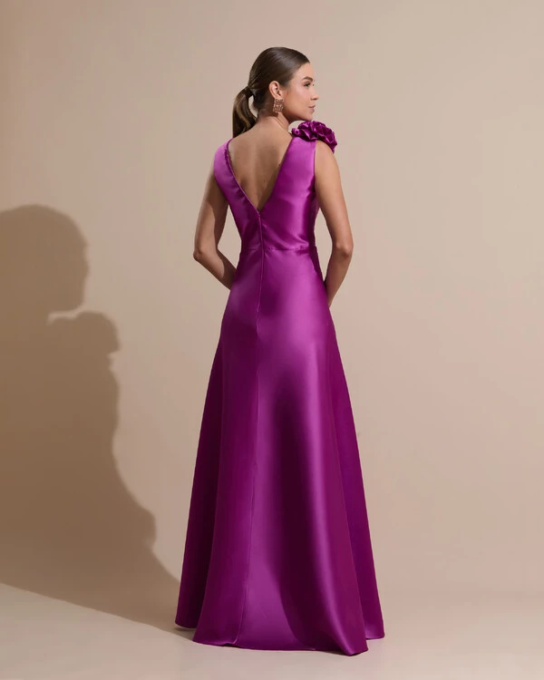 Vestido de Festa longo Zibeline Decote em V com Flores Removivel Fúcsia