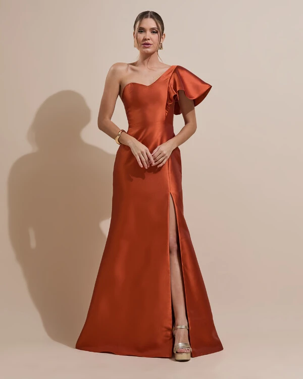 Vestido de Festa Longo um Ombro Tomara que Caia Zibeline Terracota
