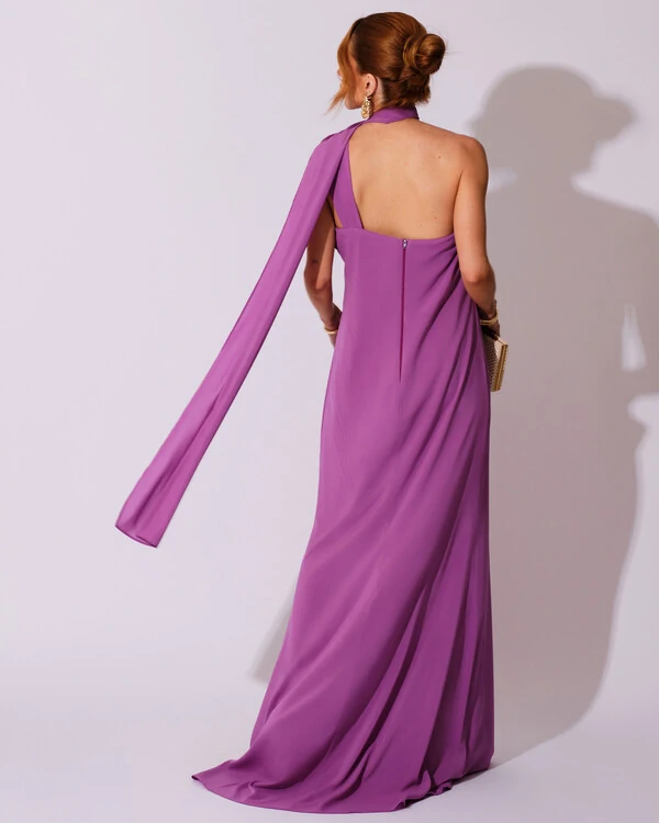 Vestido de Festa Longo Crepe Chiffon Um Ombro Só Drapeado Fúcsia