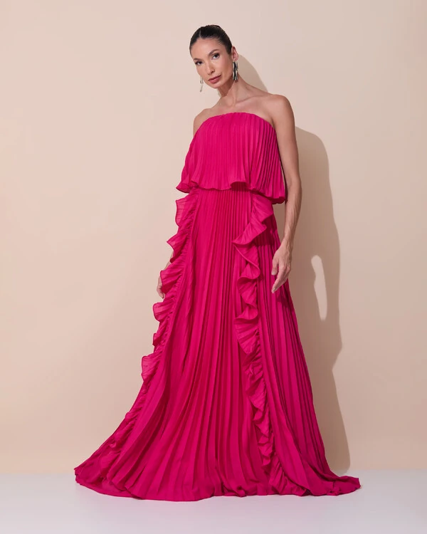 Vestido de Festa Longo Crepe Chiffon Tomara que Caia Plissado com Babado Cascata Pink Escuro