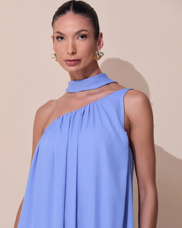 Vestido de Festa Longo Crepe Fluido um Ombro Só com Lenço Azul Atlantis