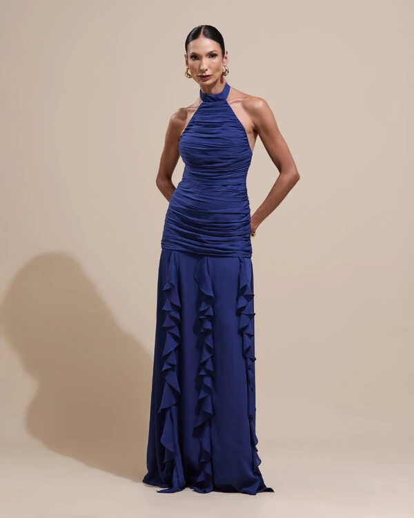 Vestido de Festa Longo Frente Única Crepe Chiffon Drapeado Babados Cascata Azul Marinho