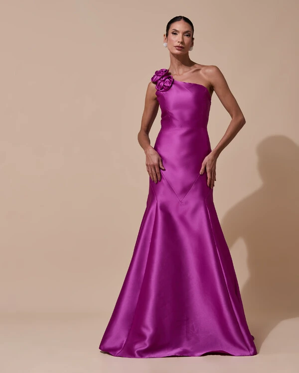 Vestido de Festa Longo Zibeline um Ombro Só Flor Removível Saia Sereia Fúcsia