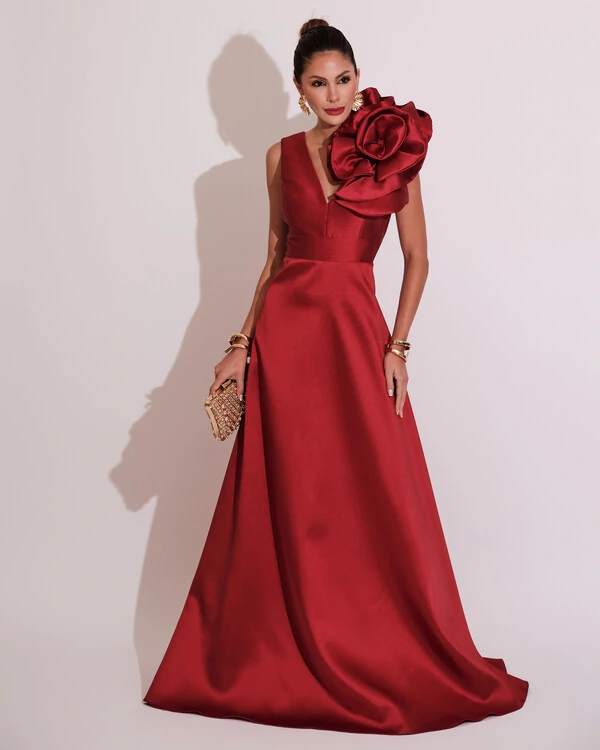 Vestido de Festa longo Zibeline Flor Marsala