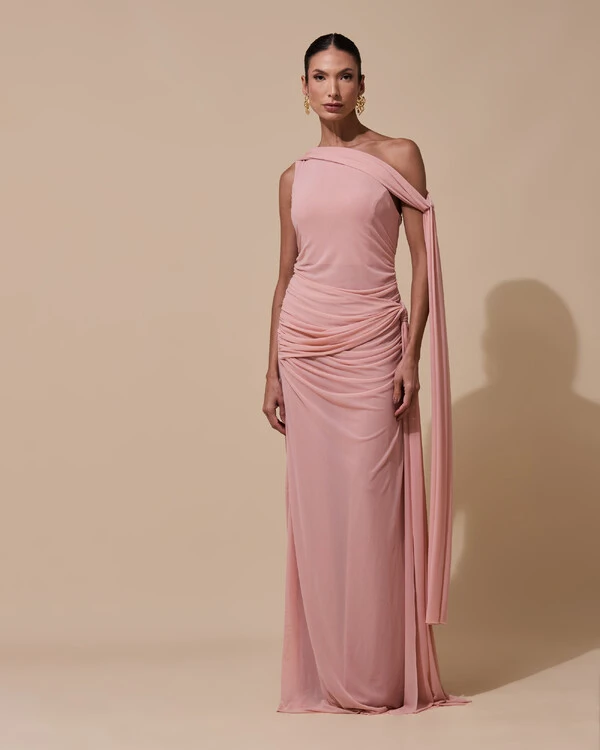 Vestido de Festa Longo Um Ombro Só Tule Faixa Drapeada Lenço Rose