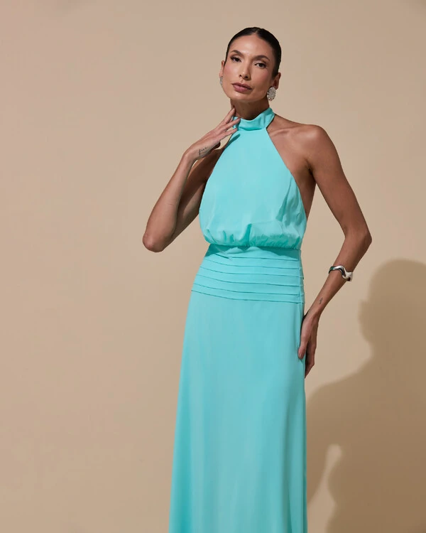 Vestido de Festa Longo Frente Única Busto Blousê Crepe Chiffon Drapeado Tiffany