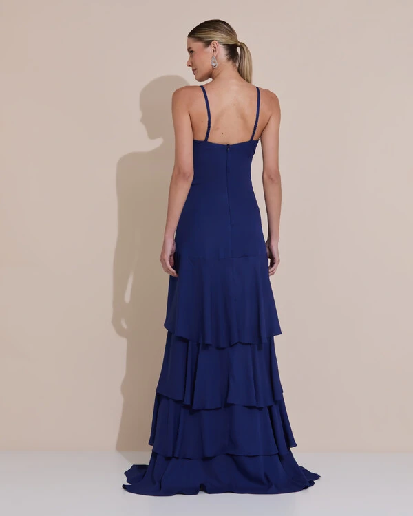 Vestido Longo Crepe com Babado em Camadas Azul Marinho