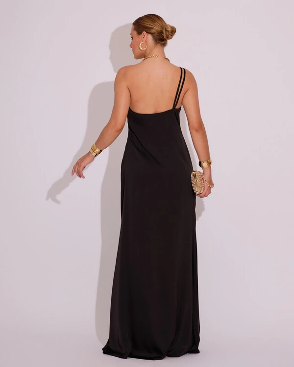 Vestido de Festa Longo em Cetim Fluido um Ombro Só Preto