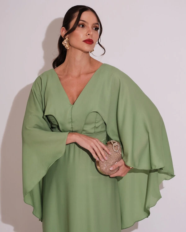 Vestido de Festa Longo com Capa Crepe Verde Claro