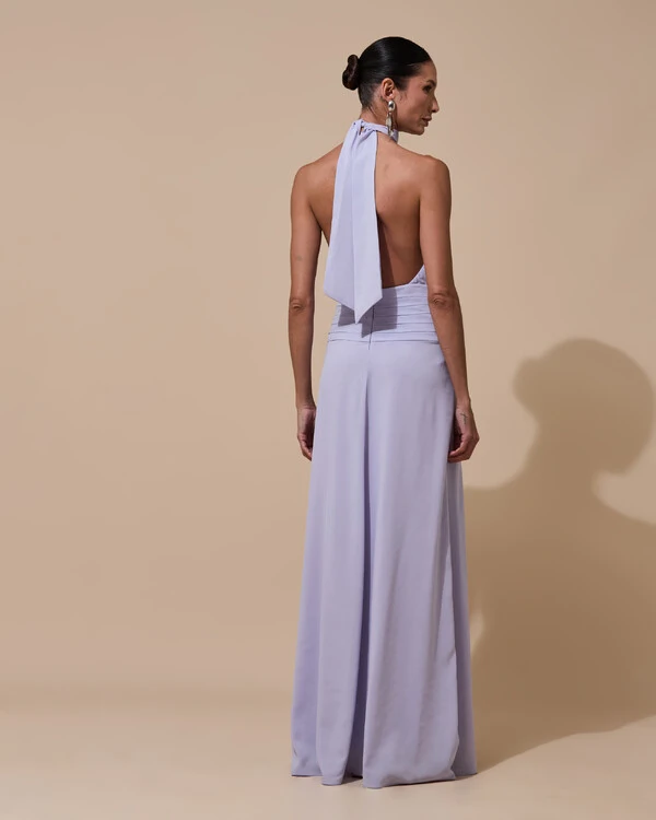 Vestido de Festa Longo Frente Única Busto Blousê Crepe Chiffon Drapeado Lilás Claro