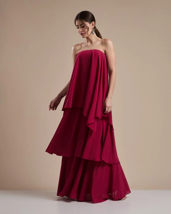 Vestido de Festa Longo Chiffon Crepe em Camadas com Lenço Cereja