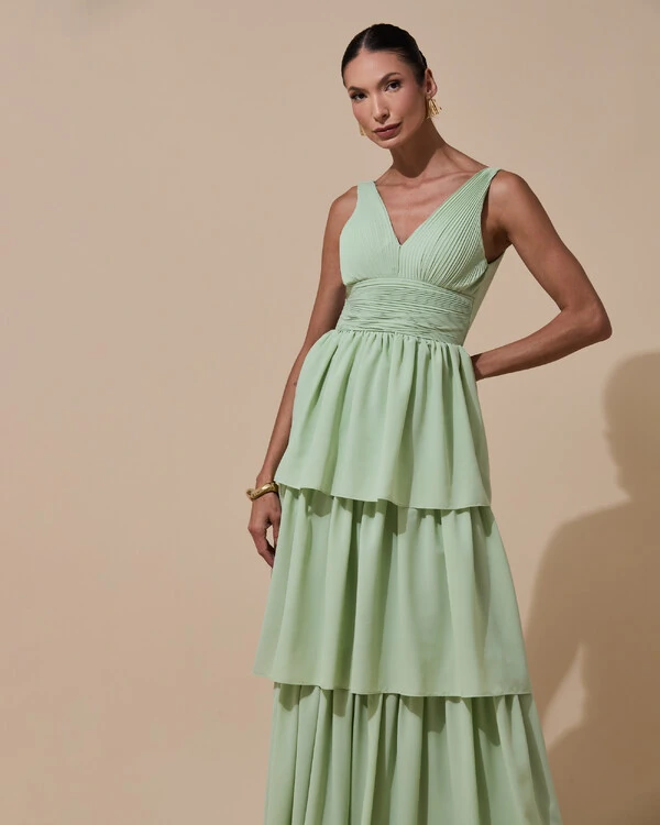 Vestido de Festa Longo Decote V Crepe Chiffon Plissado Camadas Babado Verde Menta New