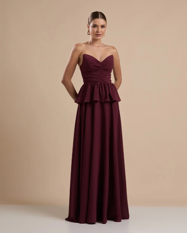 Vestido de Festa Longo Crepe Chiffon Tomara que Caia Peplum Drapeado Marsala