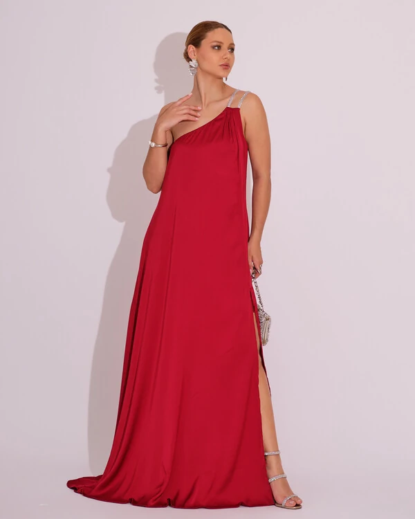 Vestido de Festa Longo Cetim Um Ombro Só Marsala