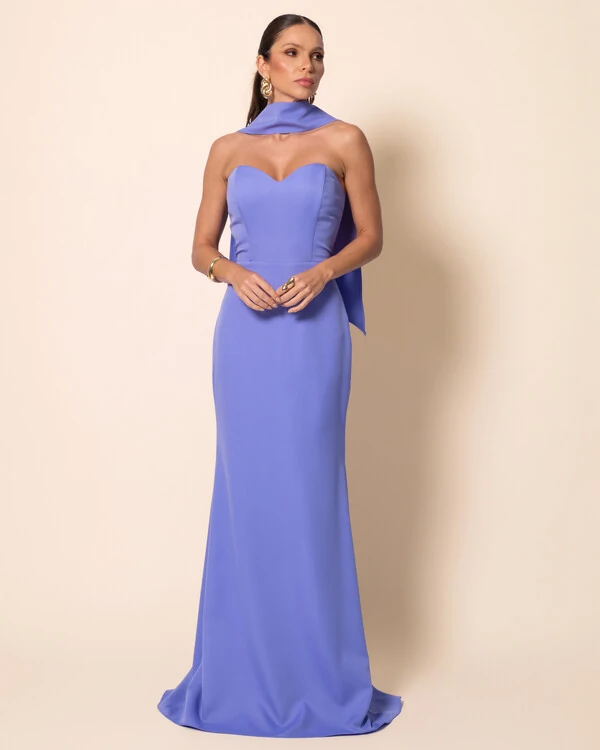 Vestido de Festa Longo Alfaiataria Tomara que Caia Saia Sereia com Lenço Lilás New