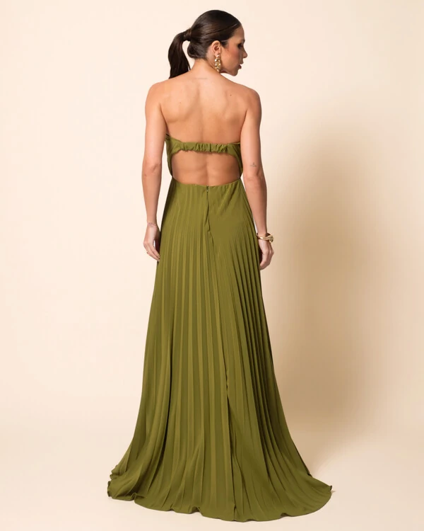 Vestido de Festa Longo Tomara que Caia Plissado Detalhe Verde Oliva New