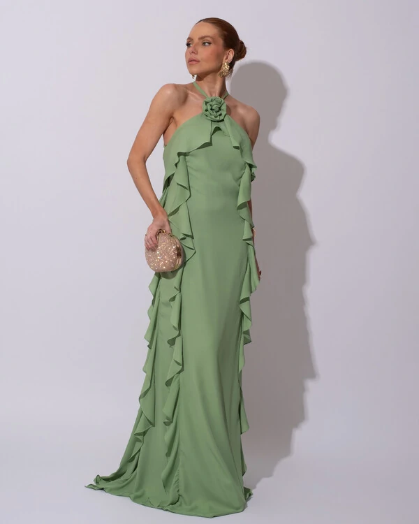 Vestido de Festa Longo Crepe Chiffon Frente Única Babados Cascata e Flor Verde Matcha