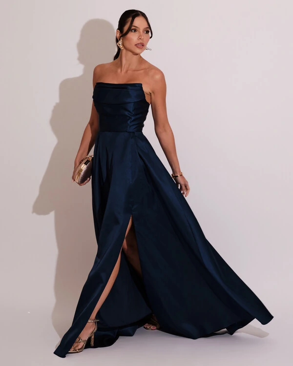 Vestido de Festa Longo Tomara que Caia Trançado Costa em Zibeline Azul Marinho