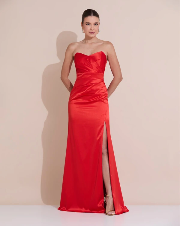 Vestido de Festa Longo Cetim Alfaiataria Tomara que Caia Fenda Vermelho