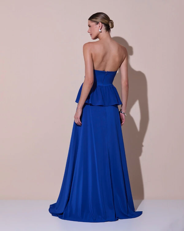 Vestido de Festa Longo Crepe Chiffon Tomara que Caia Peplum Drapeado Azul Royal