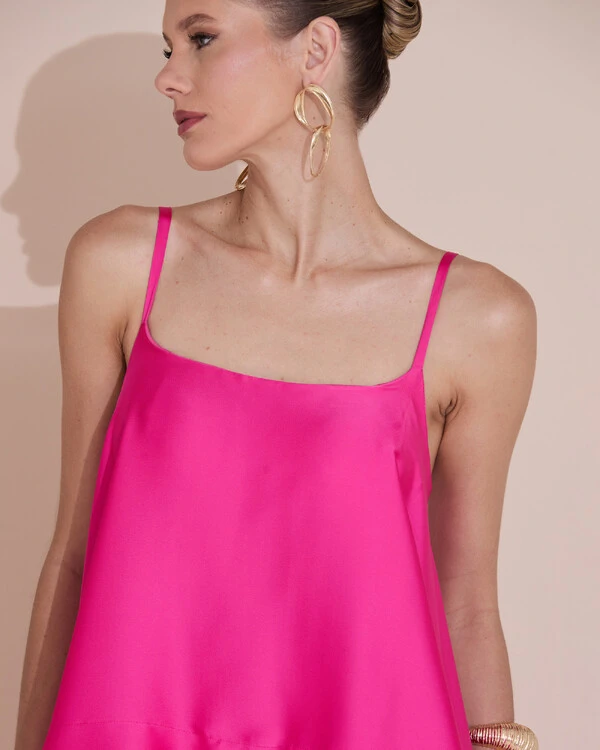 Vestido de Festa Longo Decote Reto Alças Finas Cetim Camadas Pink