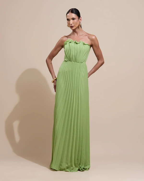 Vestido de Festa Longo Tomara que Caia Plissado Detalhe Verde Garden