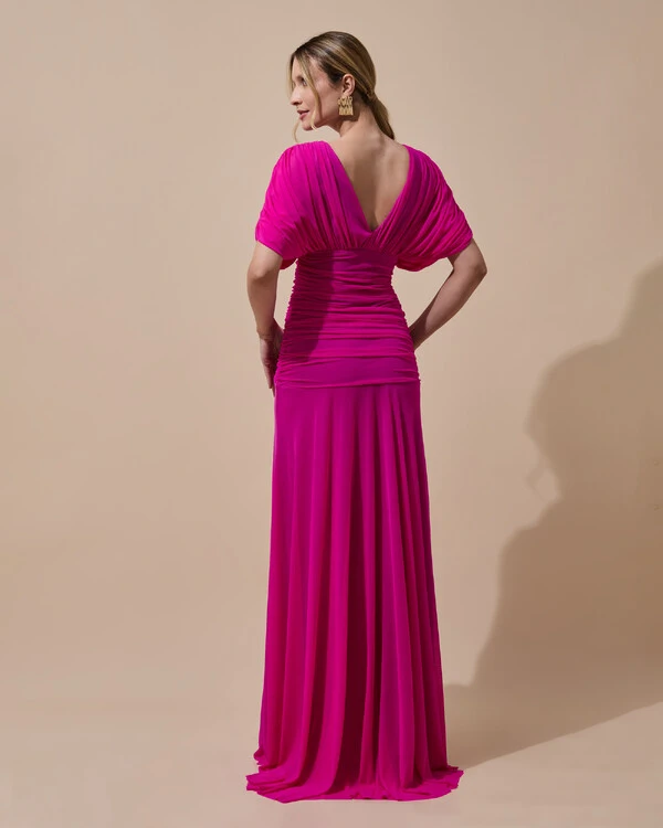 Vestido de Festa Longo Tule Manga Curta Drapeado Pink New