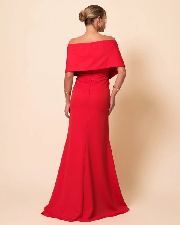 Vestido de Festa Longo Alfaiataria Ombro a Ombro Laço e Fenda Vermelho