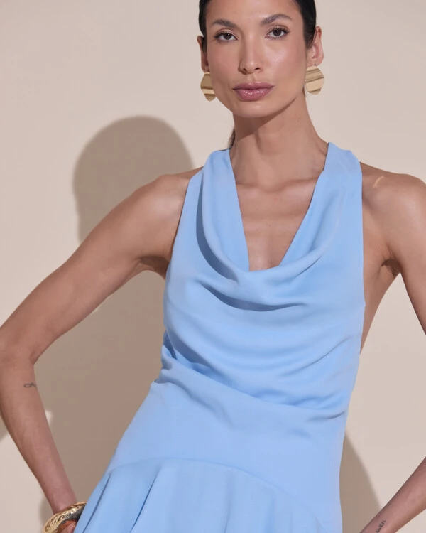 Vestido De Festa Longo Frente Única Degagê Crepe Chiffon Babados Mullet Serenity