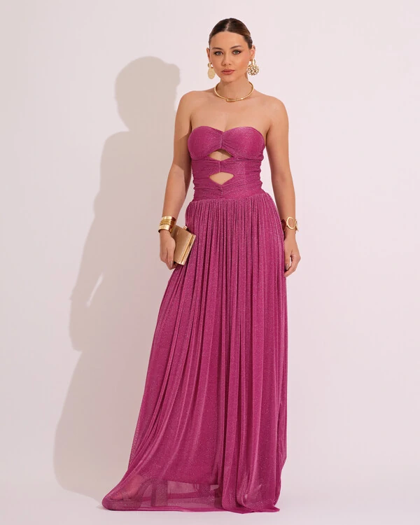 Vestido de Festa Longo Tule Brilho Tomara que Caia Recortes Fúcsia