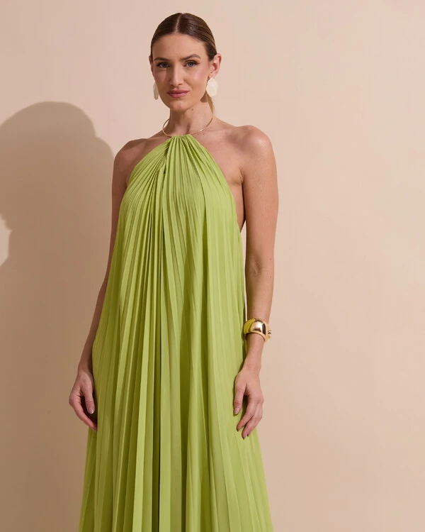 Vestido de Festa Longo Frente Única Plissado Crepe Chiffon Argola Verde Garden