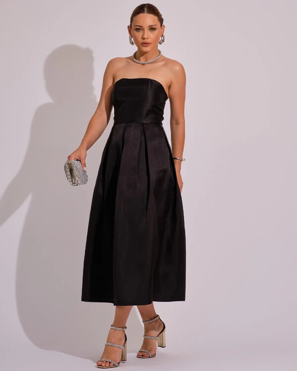 Vestido Midi Tomara que Caia Zibeline Com Pregas Preto