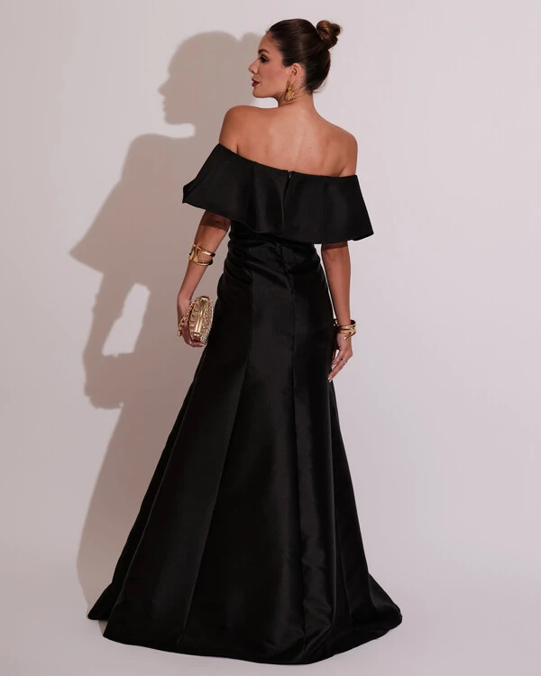 Vestido de Festa Longo Ombro a Ombro Zibeline com Babado Preto