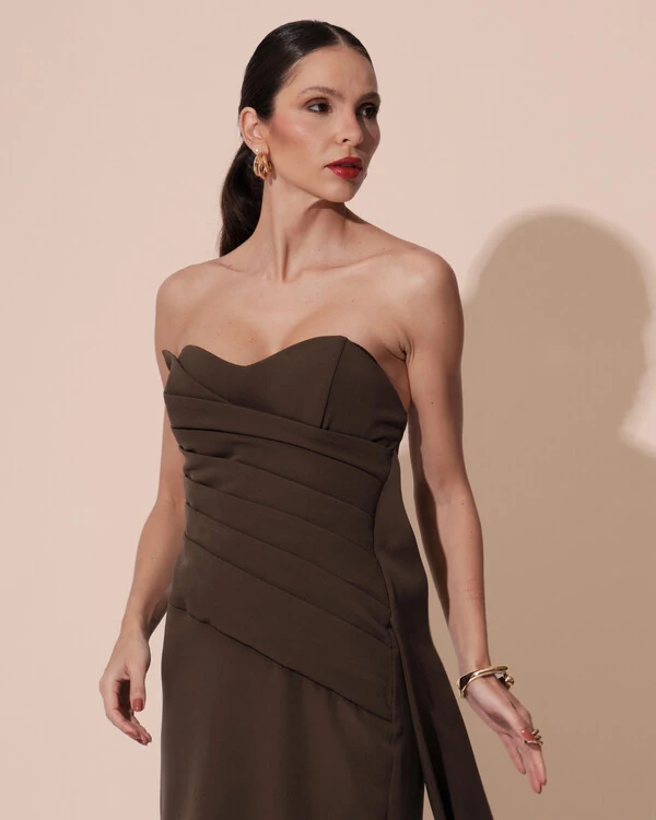 Vestido de Festa Longo Alfaiataria Tomara que Caia Drapeado Faixa Verde Oliva