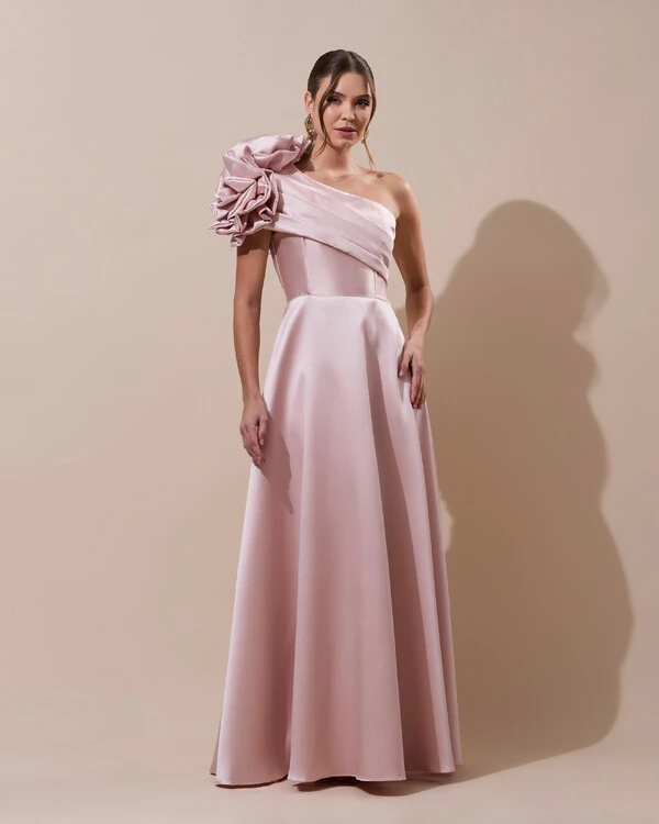 Vestido de Festa Longo Zibeline um Ombro Só Flor Drapeado Rosa Nude