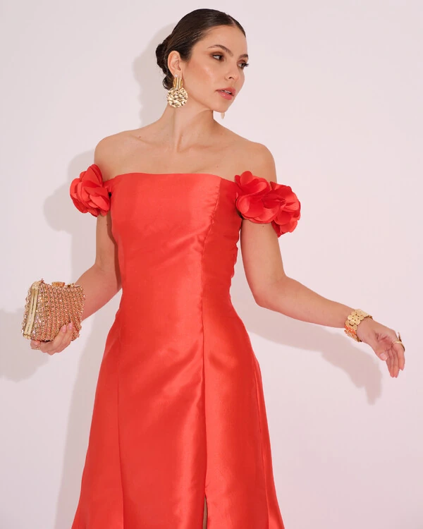 Vestido Longo de Festa Zibeline Ombro a Ombro com Flores e Fenda Laranja