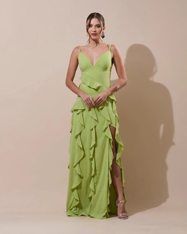Vestido de Festa Longo Decote V Crepe Chiffon Babados Cascata e Fenda Verde Garden