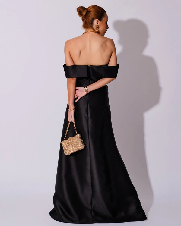 Vestido de Festa Longo Zibeline Ombro a Ombro Drapeado e Fenda Preto
