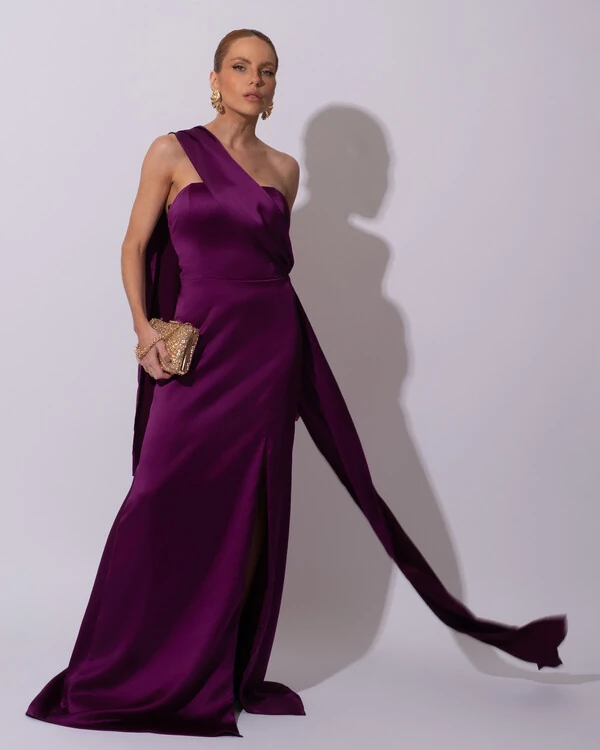 Vestido de Festa Longo Cetim Alfaiataria Tomara que Caia com Faixa Lenço Roxo