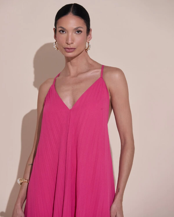 Vestido de Festa Longo Plissado Crepe Chiffon Decote V Alças Finas Pink Escuro