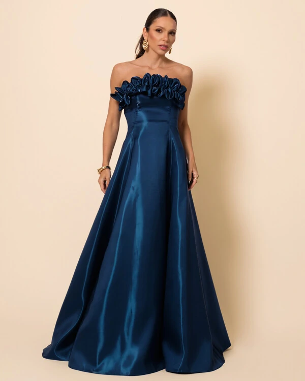 Vestido de Festa Longo Cetim Cristal Tomara que Caia com Flor 3D Verde Escuro