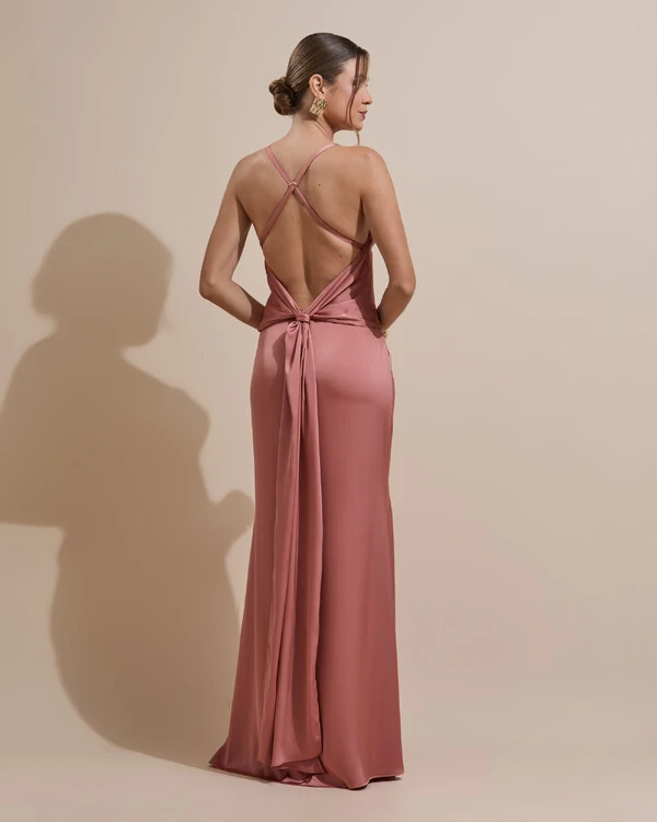 Vestido de Festa Longo Costas Abertas Laço Cetim Decote V Rosa Blush