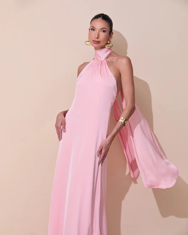 Vestido de Festa Gola Alta com Decote nas Costas Acetinado Rose Gold