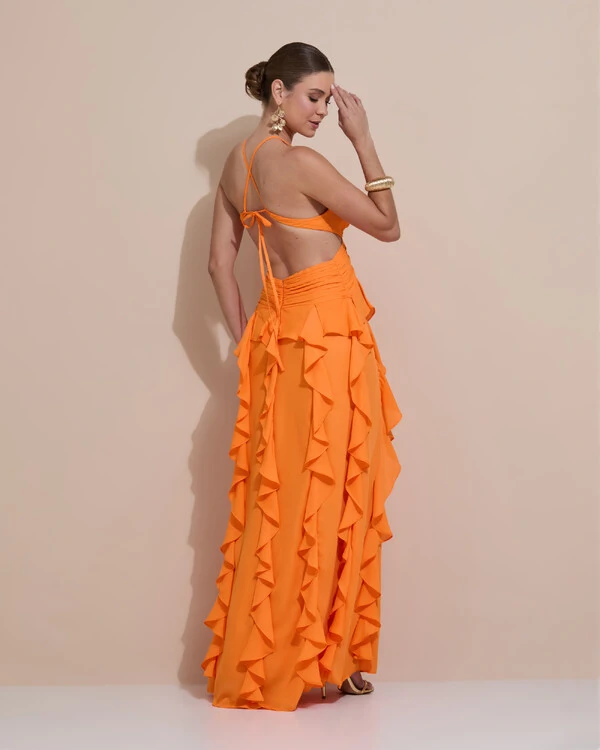 Vestido de Festa Longo Decote V Recortes Drapeado Crepe Chiffon Babados Cascata Laranja