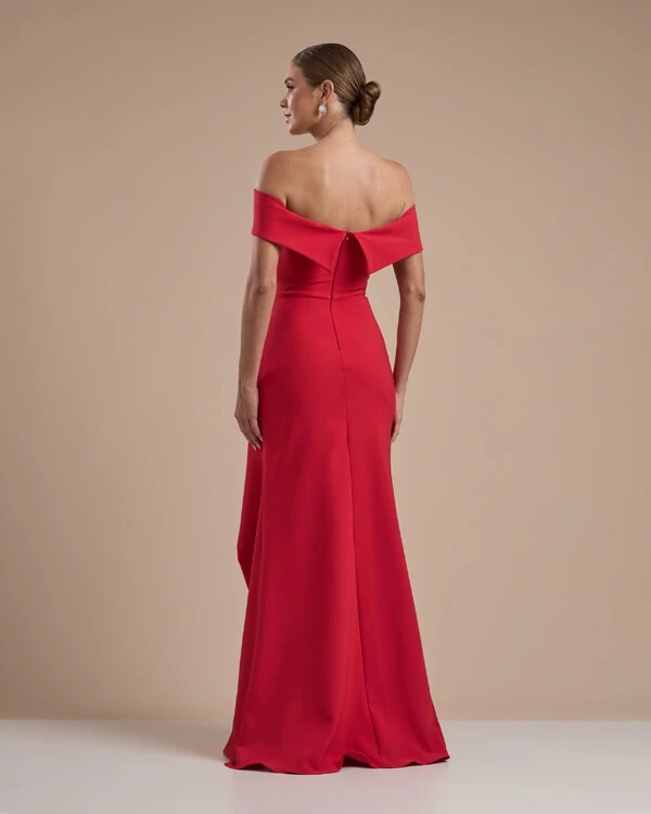 Vestido de Festa Longo Ombro a Ombro com Fenda em Alfaiataria Vermelho