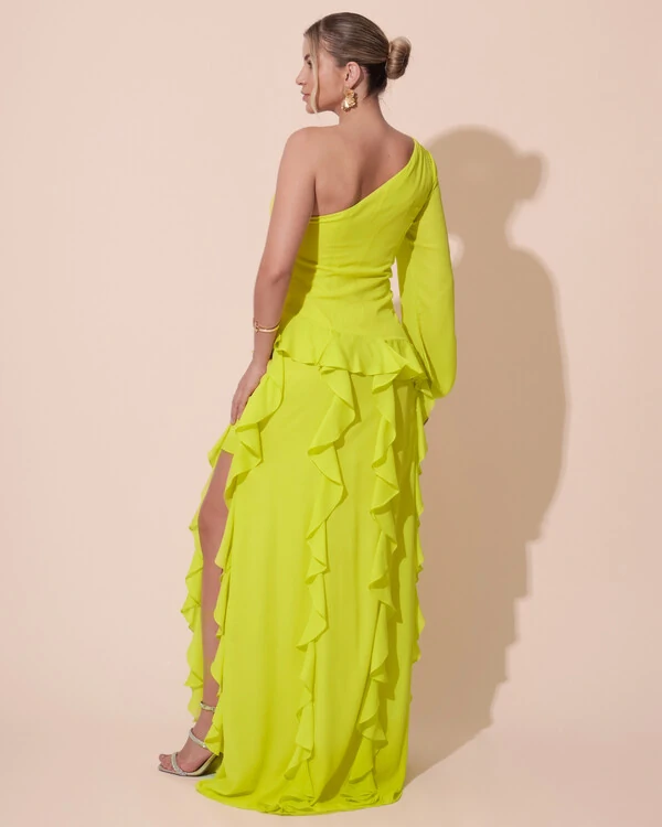 Vestido de Festa Longo Crepe Um Ombro Só Manga Longa e Babados Cascata Fenda Verde Lima