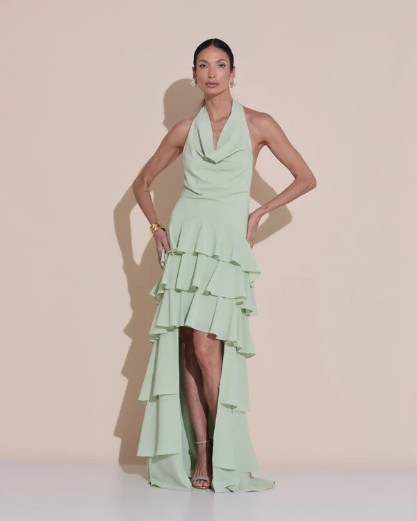 Vestido De Festa Longo Frente Única Degagê Crepe Chiffon Babados Mullet Verde Menta New
